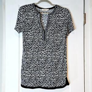 Tory Burch Navy White Printed Linen Tunic Top Split Neck XS Designer